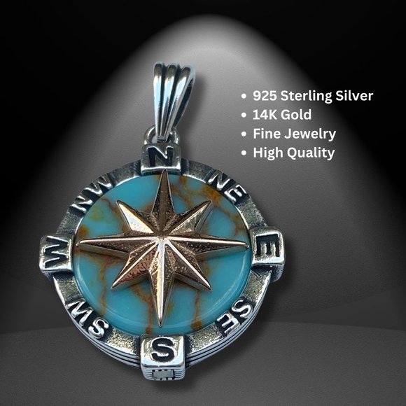 Stunning Gold Northstar Compass Pendant w/ Turquoise Accent - Unisex 925 Sterlin - Picture 2 of 8